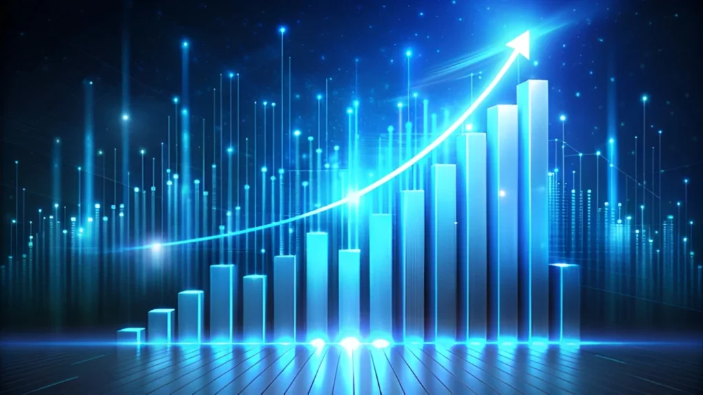 A glowing bar graph with blue vertical bars and a rising arrow, symbolizing growth or progress, against a dark background with light streaks.