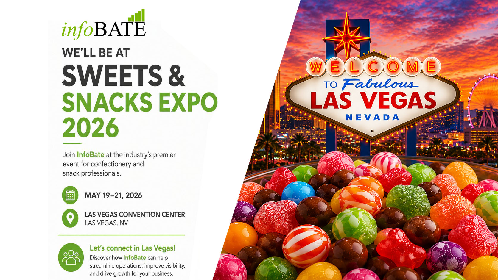 Colorful candy display and Welcome to Fabulous Las Vegas sign at sunset, representing the Sweets & Snacks Expo in Las Vegas and the confectionery and snack industry.