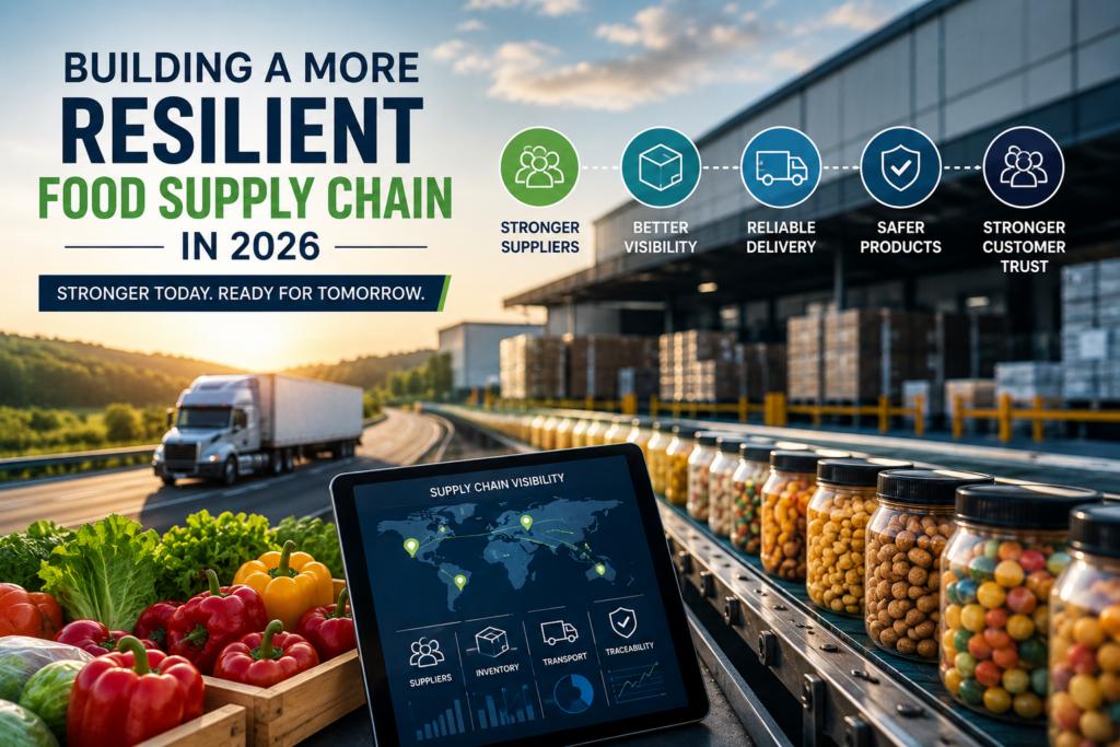 Illustration of a resilient food supply chain featuring a warehouse, transportation network, fresh produce, packaged foods, and supply chain visibility technology.