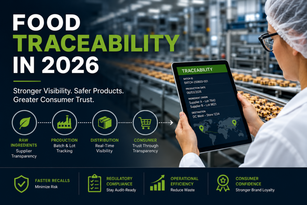 Featured image illustrating food traceability in 2026, showing a food production facility with a quality assurance professional reviewing traceability data on a digital tablet. The graphic highlights ingredient sourcing, batch and lot tracking, distribution visibility, consumer transparency, regulatory compliance, recall readiness, operational efficiency, and consumer confidence across the food supply chain.