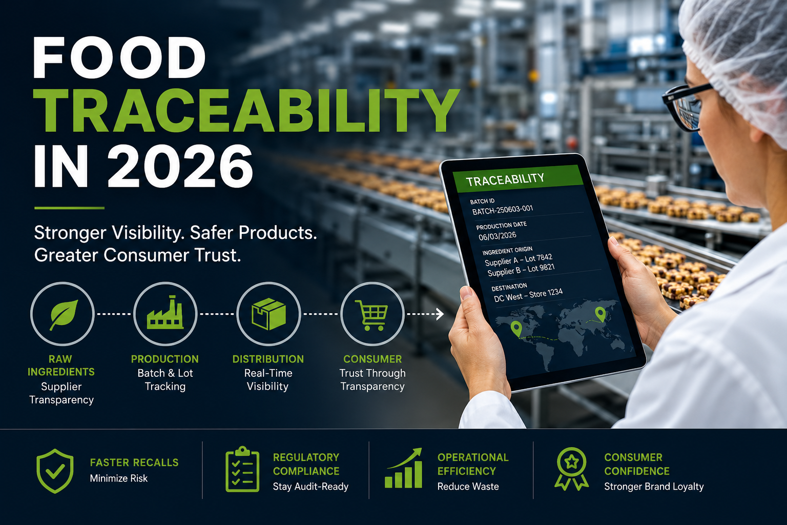 Featured image illustrating food traceability in 2026, showing a food production facility with a quality assurance professional reviewing traceability data on a digital tablet. The graphic highlights ingredient sourcing, batch and lot tracking, distribution visibility, consumer transparency, regulatory compliance, recall readiness, operational efficiency, and consumer confidence across the food supply chain.