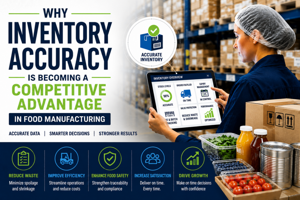 Warehouse employee using a barcode scanner and digital inventory dashboard to improve inventory accuracy in food manufacturing. The image highlights inventory visibility, food safety, traceability, operational efficiency, and supply chain performance in 2026.