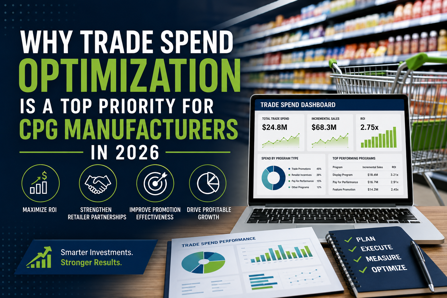 Trade spend optimization dashboard for CPG manufacturers showing trade promotion analytics, ROI metrics, retailer partnerships, pay-for-performance programs, and business intelligence reporting in 2026.