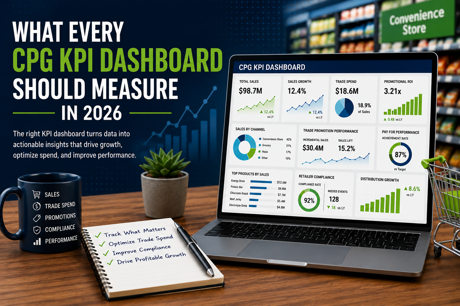 Laptop displaying a CPG KPI dashboard with sales, trade spend, promotional ROI, and retailer performance metrics in a convenience store environment. The image represents business intelligence, KPI reporting, trade promotion management, and data-driven decision making for CPG manufacturers.