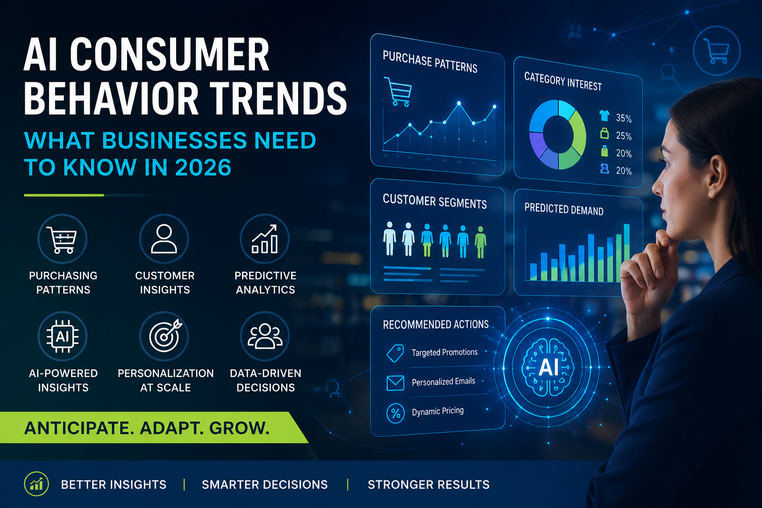 AI consumer behavior trends infographic showing predictive analytics dashboards, customer segmentation, purchasing patterns, and business intelligence insights. The image illustrates how artificial intelligence helps businesses forecast demand, personalize customer experiences, and make data-driven decisions in 2026.