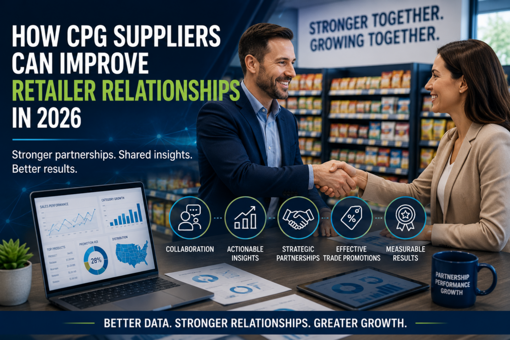 Business professionals shaking hands in a retail environment with performance dashboards illustrating how CPG suppliers can improve retailer relationships through business intelligence, trade promotion insights, and data-driven collaboration in 2026.