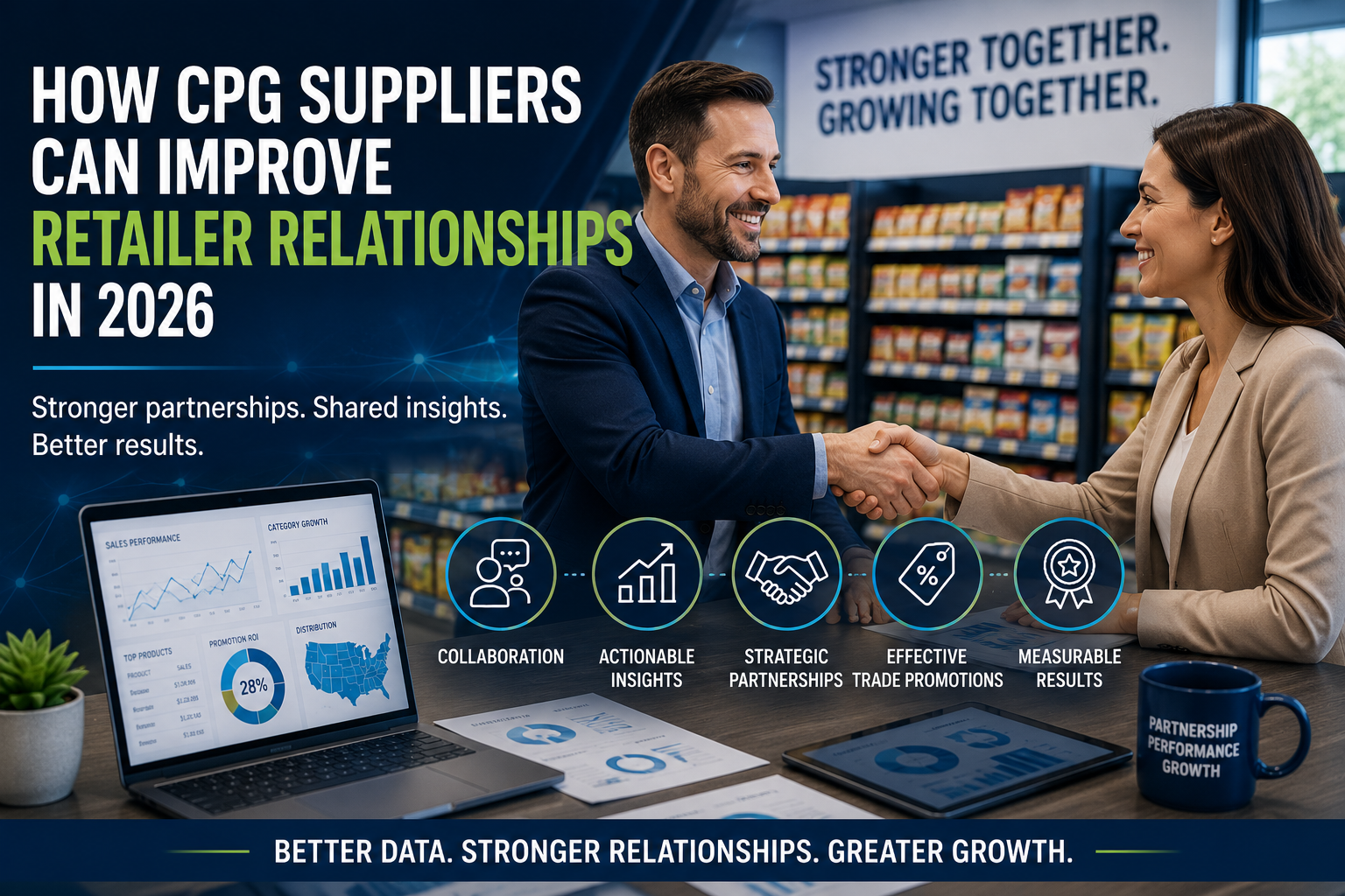 Business professionals shaking hands in a retail environment with performance dashboards illustrating how CPG suppliers can improve retailer relationships through business intelligence, trade promotion insights, and data-driven collaboration in 2026.