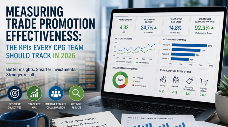 Trade promotion effectiveness dashboard displaying promotional ROI, incremental sales lift, retailer performance, trade program compliance, and trade spend metrics. The image illustrates how CPG teams use KPI dashboards to measure promotional performance and optimize trade investments.
