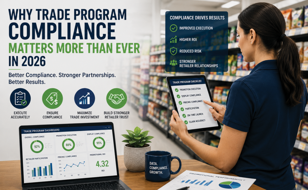 Trade program compliance dashboard showing promotional execution, pricing compliance, retailer participation, and performance analytics. A business professional reviews a digital trade program checklist in a retail environment, illustrating compliance monitoring, retailer collaboration, and trade program management.