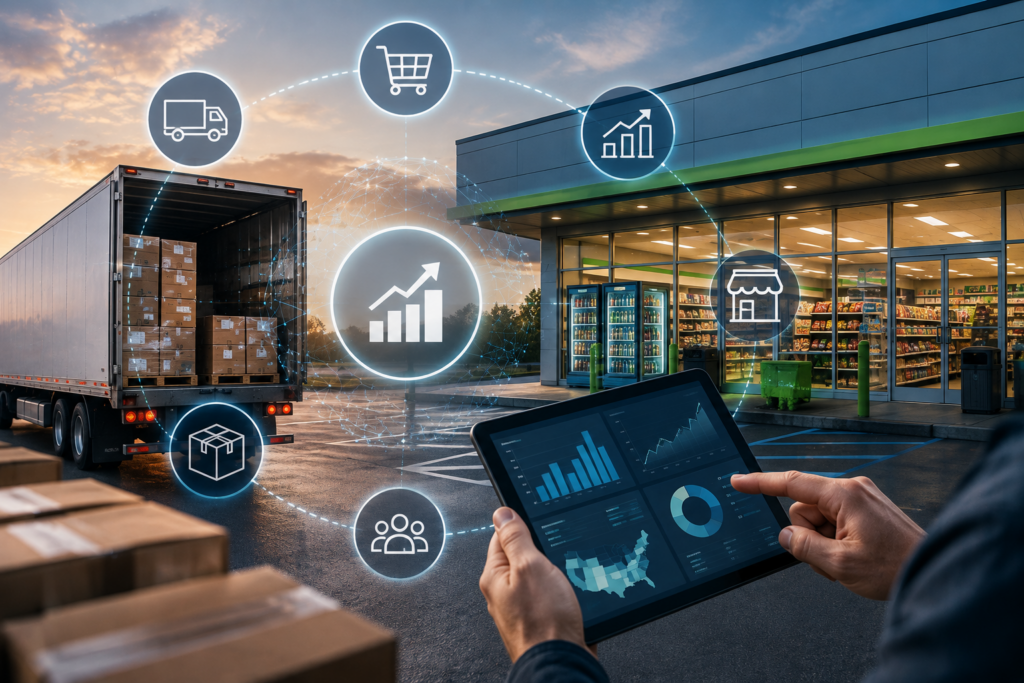 Convenience store distribution network with delivery truck, retail location, packages, and digital analytics showing sales, distribution, and performance data.