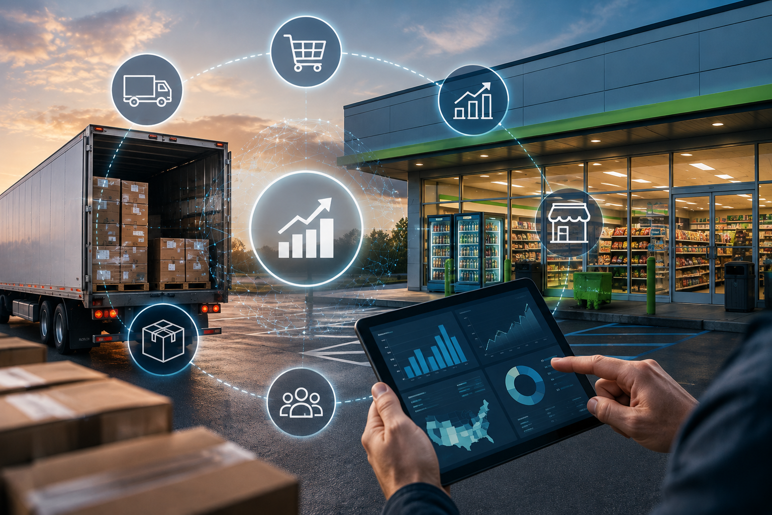 Convenience store distribution network with delivery truck, retail location, packages, and digital analytics showing sales, distribution, and performance data.