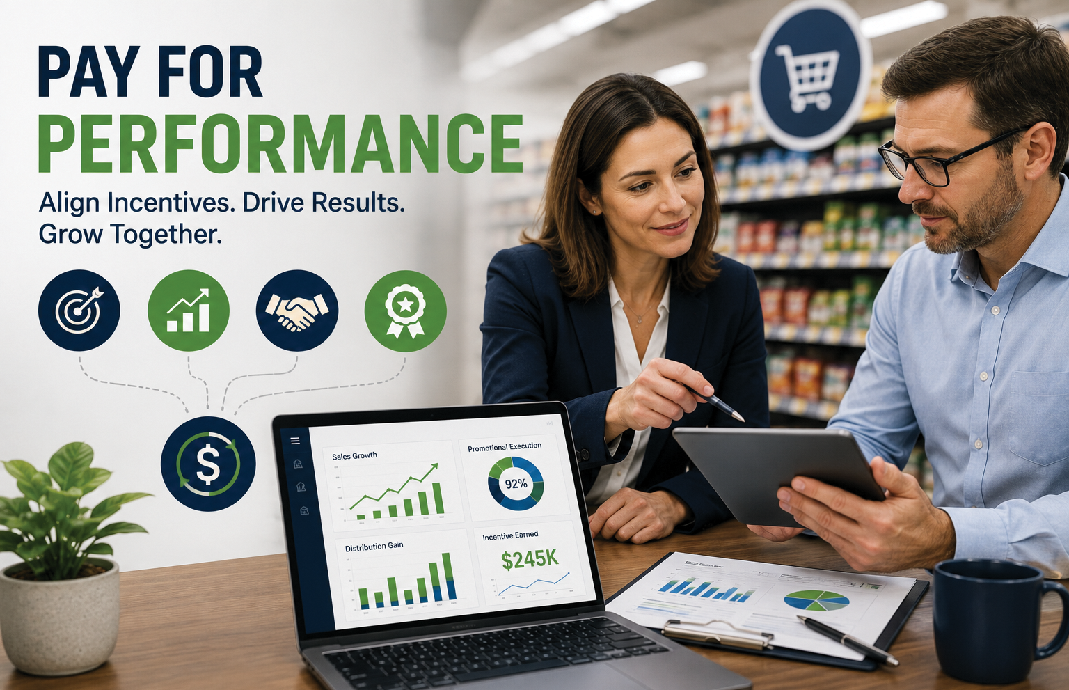 Pay for Performance infographic showing two business professionals reviewing performance data in a retail environment with a dashboard displaying sales growth, promotional execution, incentive earnings, and performance metrics. The image illustrates how performance-based incentives improve retailer collaboration and promotional ROI.