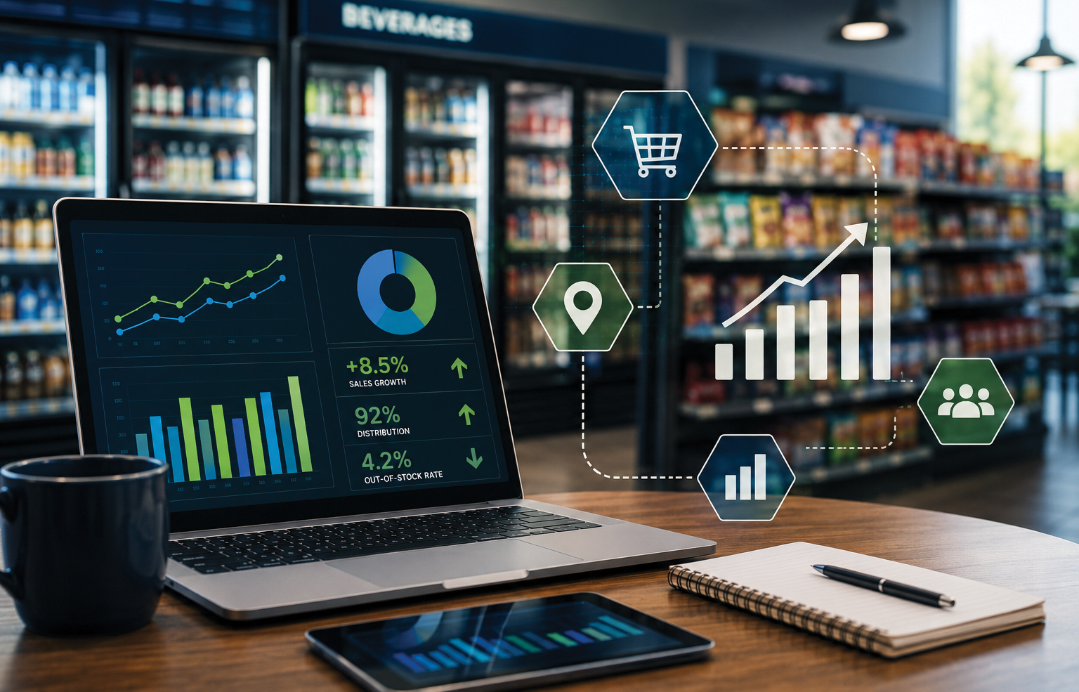 Convenience store analytics dashboard showing sales growth, product distribution, out-of-stock rates, and store-level performance data used to improve retail profitability.