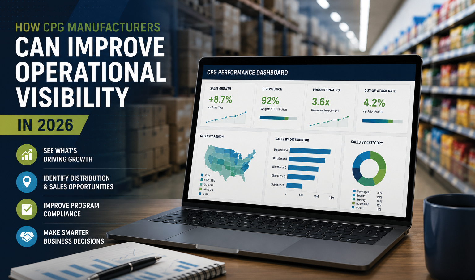 CPG performance dashboard showing sales growth, product distribution, promotional ROI, out-of-stock rates, regional sales, distributor performance, and category analytics.