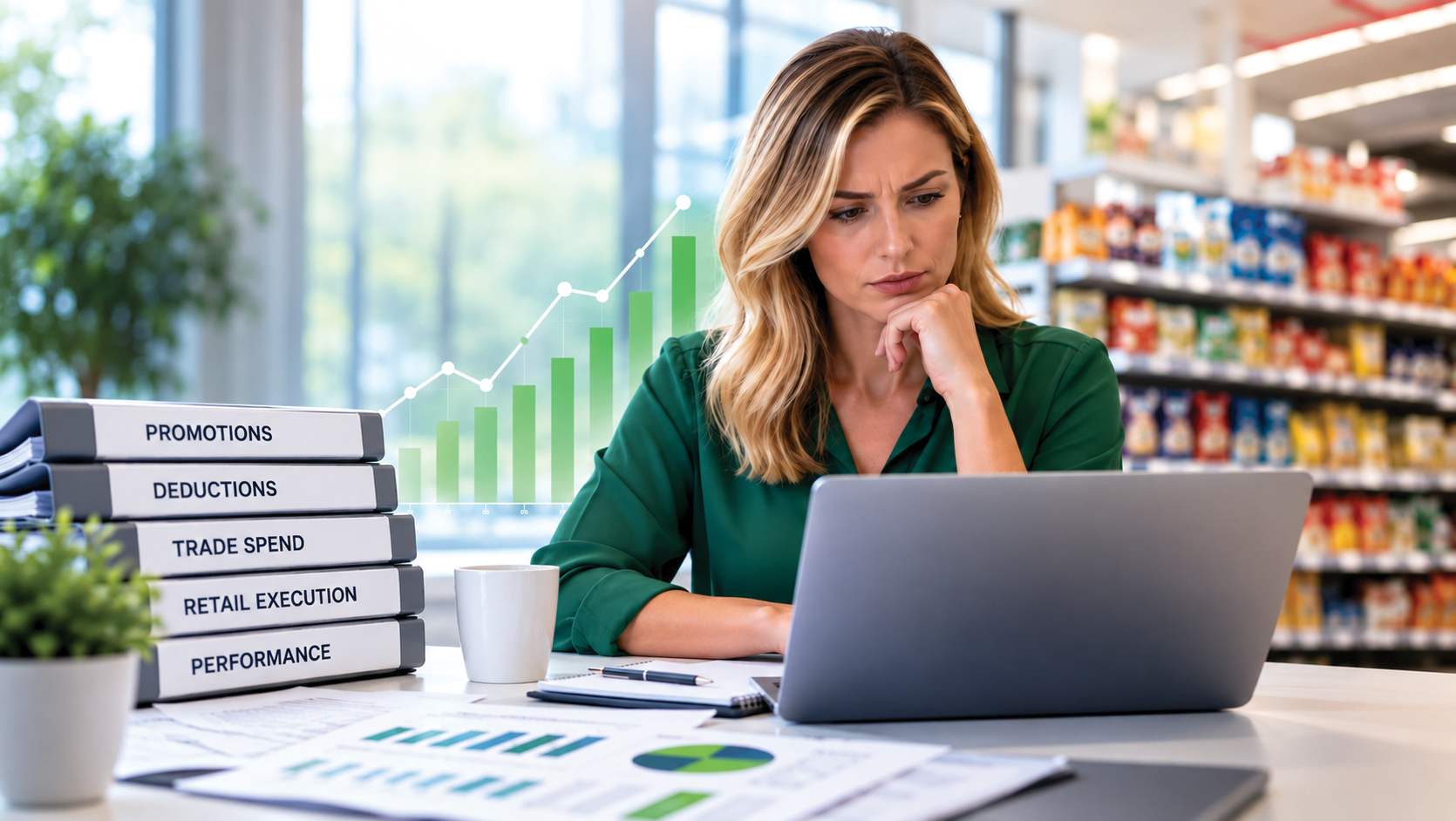 CPG professional reviewing trade spend data with reports for promotions, deductions, retail execution, and performance alongside sales analytics.