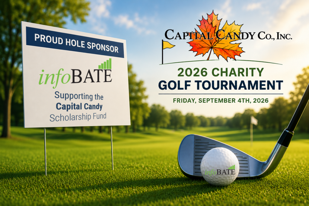 Capital Candy 2026 Charity Golf Tournament at a golf course featuring a golf ball, club, and blank hole sponsor sign, representing InfoBate's support of the Capital Candy Scholarship Fund.