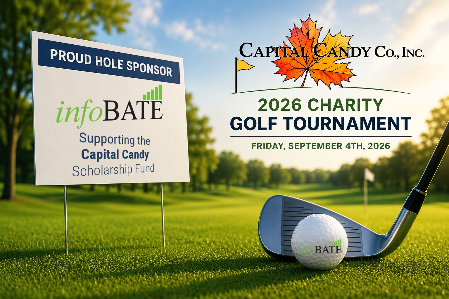 Capital Candy 2026 Charity Golf Tournament at a golf course featuring a golf ball, club, and blank hole sponsor sign, representing InfoBate's support of the Capital Candy Scholarship Fund.