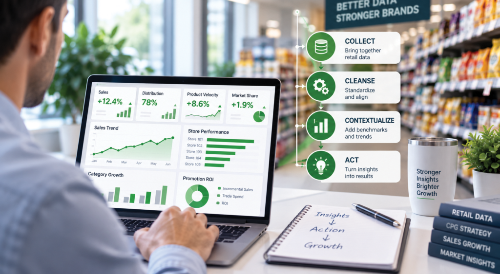 CPG professional reviewing a retail data analytics dashboard showing sales, distribution, product velocity, store performance, and promotional ROI.
