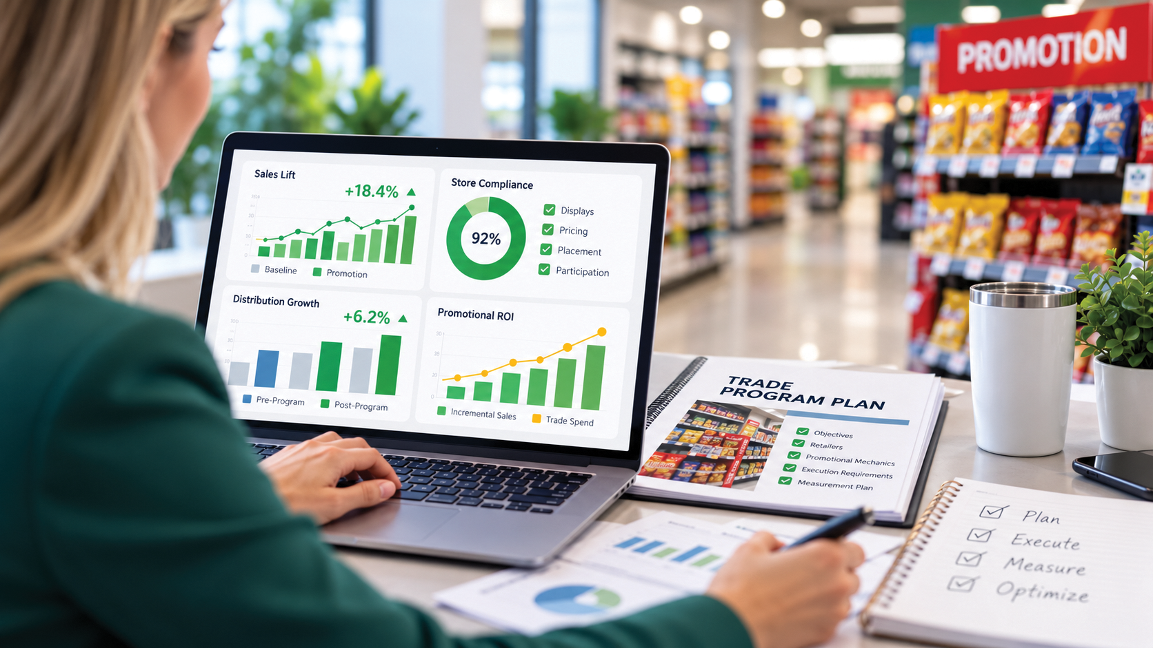 CPG professional reviewing a trade program dashboard showing sales lift, store compliance, distribution growth, and promotional ROI in a retail environment.