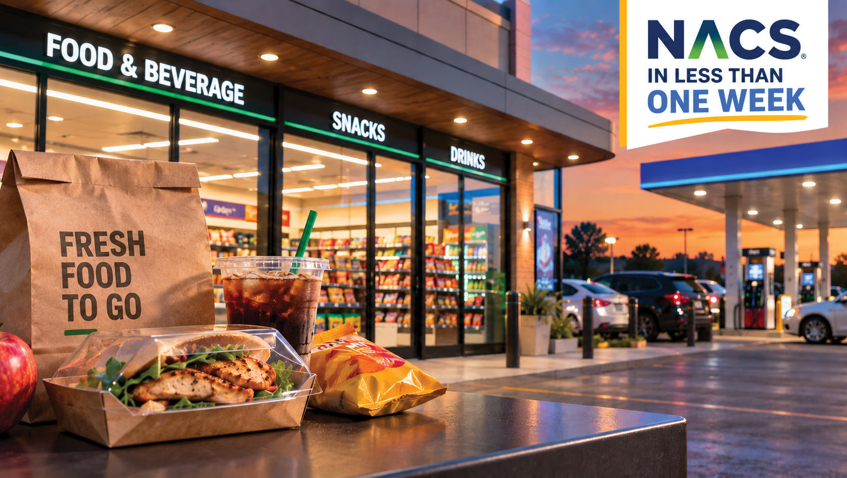 Modern convenience store at sunset featuring fresh food, snacks, beverages, and fuel pumps with a NACS in less than one week announcement.