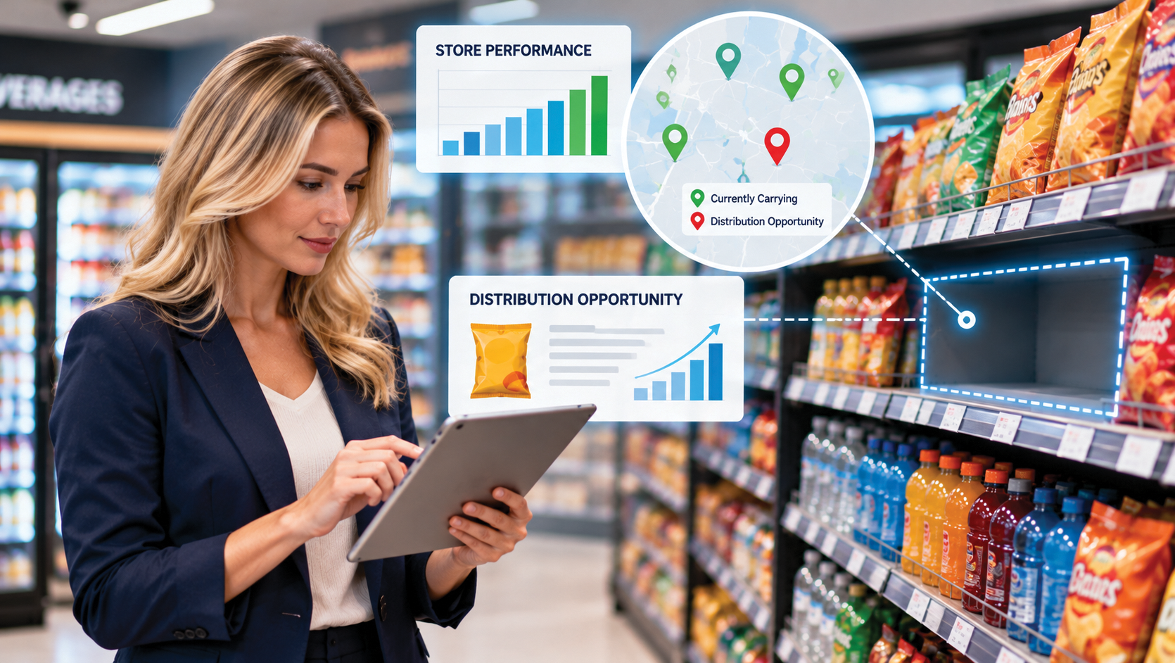 CPG professional using a tablet in a retail store to identify product voids and distribution opportunities through store-level sales analytics and product availability data.