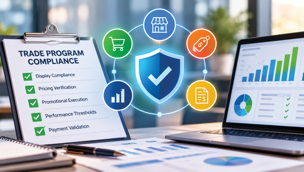 Trade program compliance infographic featuring a verification checklist, compliance shield, retail execution icons, and performance analytics dashboard.